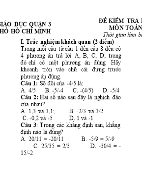 Đề kiểm tra học kì 2 môn Toán Lớp 6